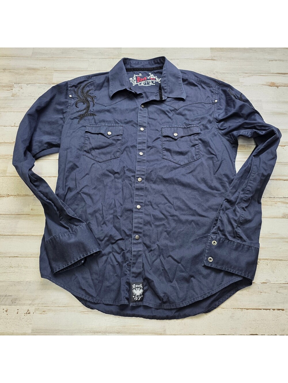 Rock 47 Men's L Faded Black Western Shirt Embroidered Snap Button Country Cowboy
